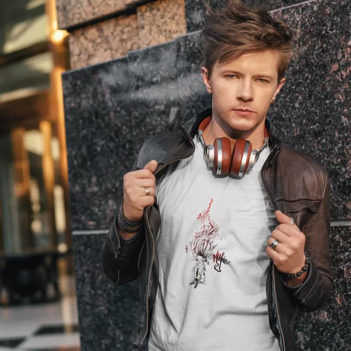 Boy Listens Music Cartoon Round Neck Half Sleeve Music T-Shirt - Image 3