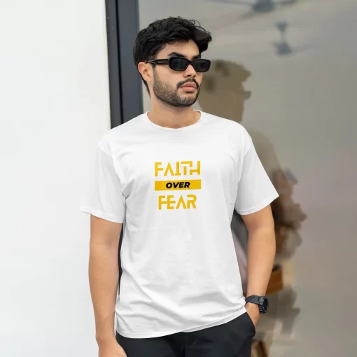 Yellow Faith Over Fear Round Neck Half Sleeve Quotes T-Shirt - Image 2