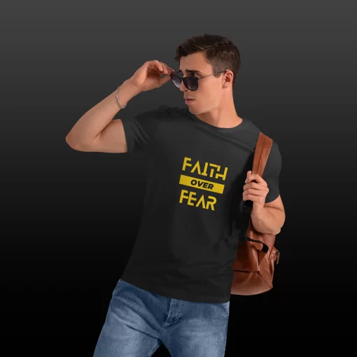 Yellow Faith Over Fear Round Neck Half Sleeve Quotes T-Shirt - Image 3